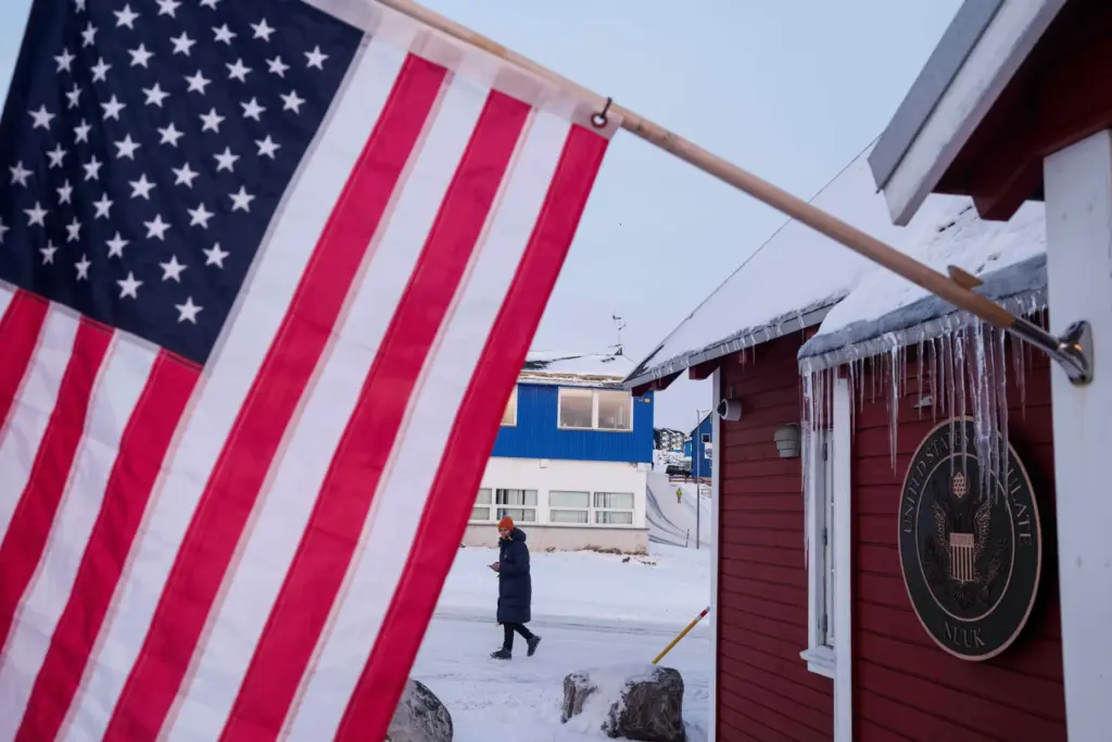 An American flag is displayed on the facade of the US consulate in Nuuk, Greenland.