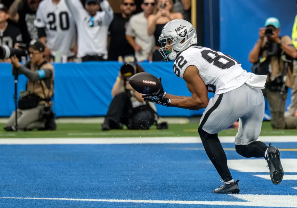 Las Vegas Raiders wide receiver Cody White makes a touchdown...