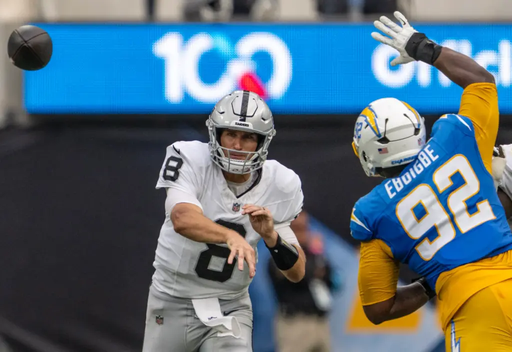 Las Vegas Raiders veteran quarterback Kirk Cousins (8) throws the...