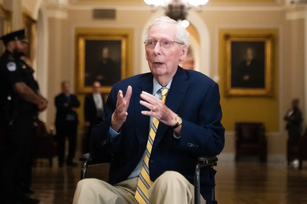 Sen. Mitch McConnell, R-Ky., speaks to reporters at the U.S....