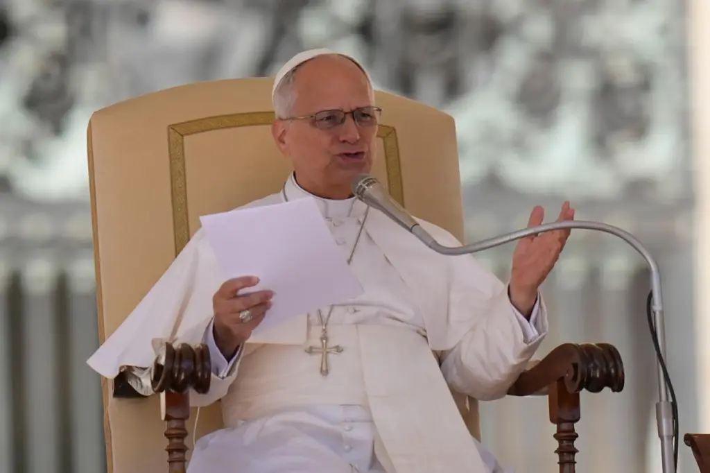 Pope Leo XIV delivers his speech during his weekly general audience in St. Peter's Square.