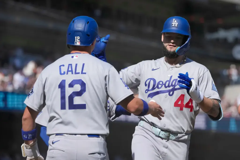 Dodgers’ Andy Pages (44) is congratulated by teammate Alex Call...