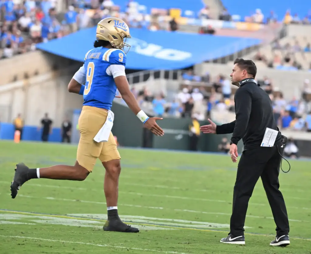 Quarterback Nico Iamaleava (9) of the UCLA Bruins with head...