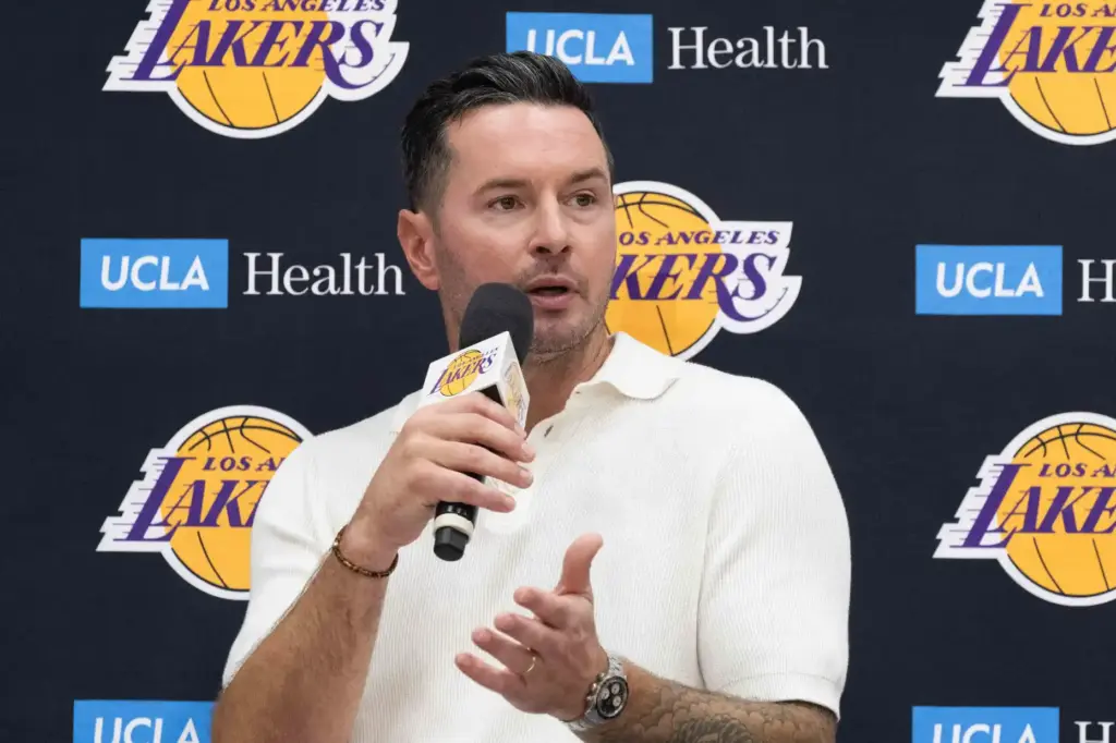 Lakers head coach JJ Redick speaks to the media during...