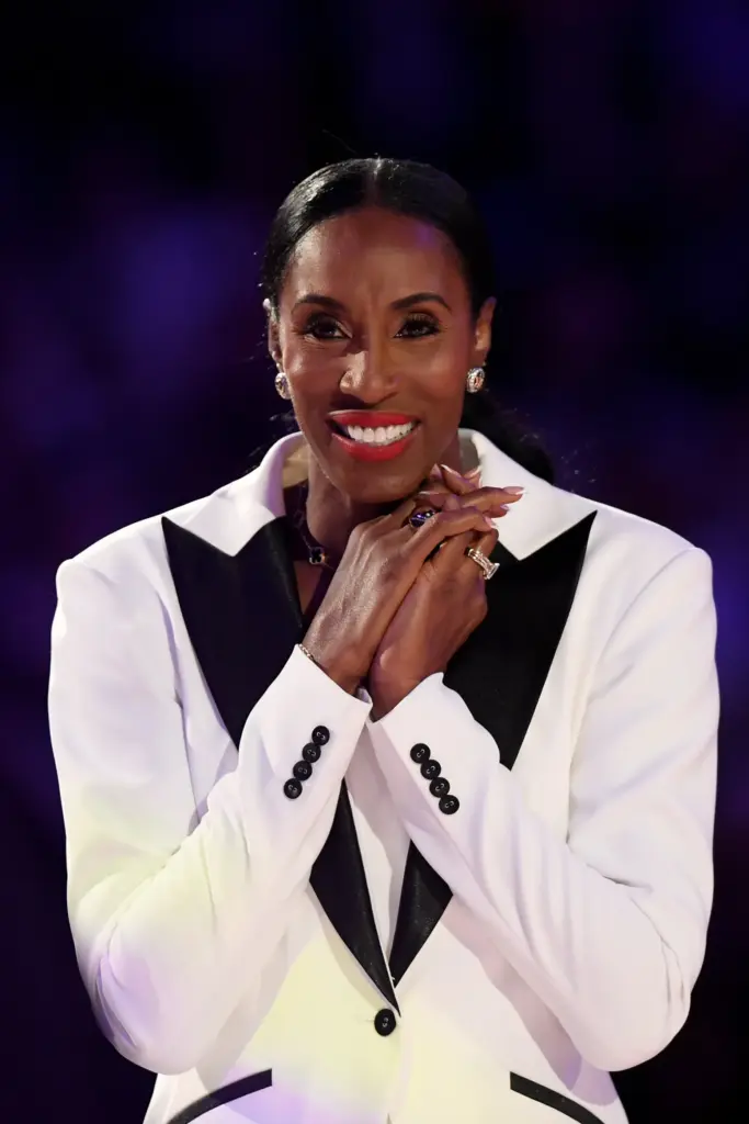 Lisa Leslie is honored at halftime during the game between...