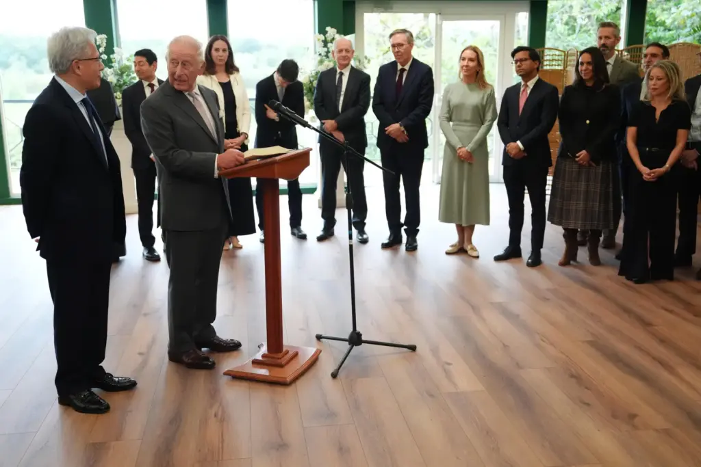 King Charles III gives a speech during a meeting for AI leaders.