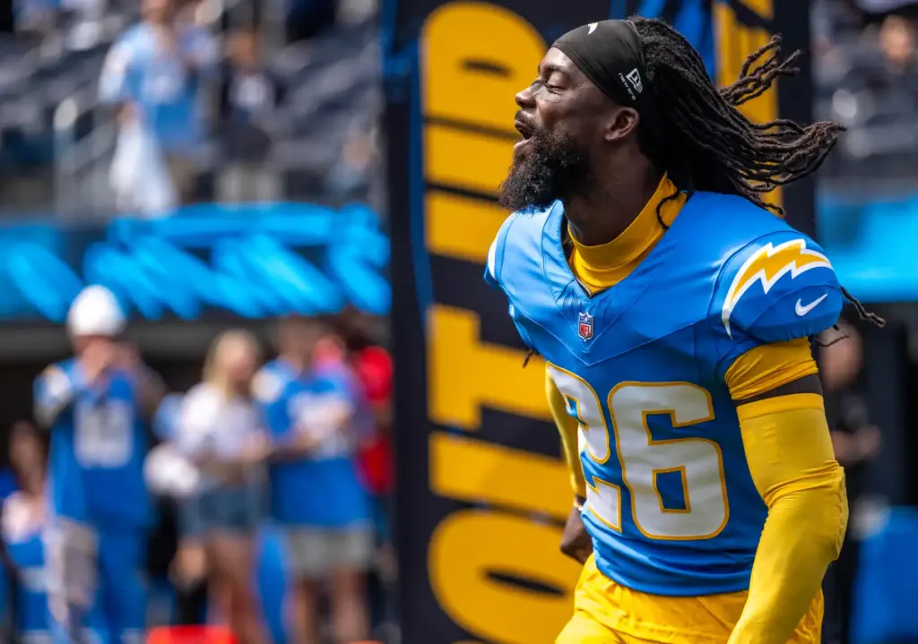 Chargers cornerback Donte Jackson (26) takes the field for a...