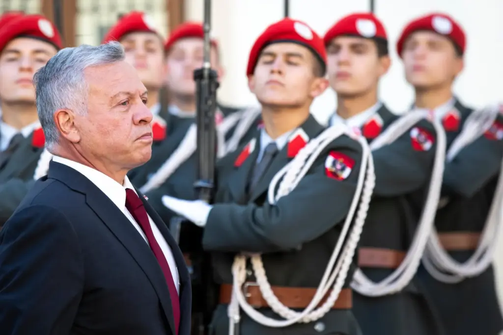 The King of Jordan, Abdullah II bin al-Hussein attends a military ceremony.