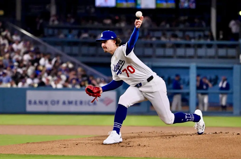 Dodgers starting pitcher Justin Wrobleski delivers a pitch against the...