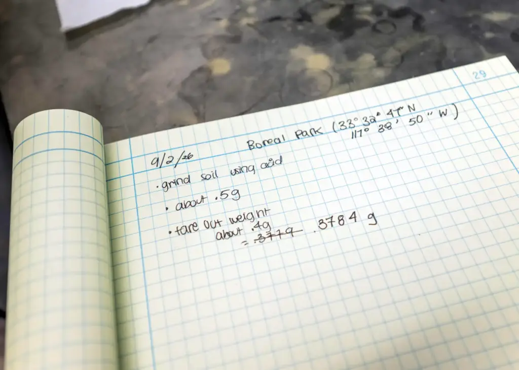 Scribbled notes in a notebook delineate the procedure for testing...
