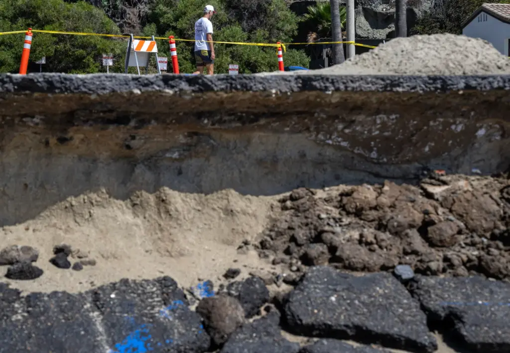 A weather-damaged parking lot at Aliso Beach in Laguna on...