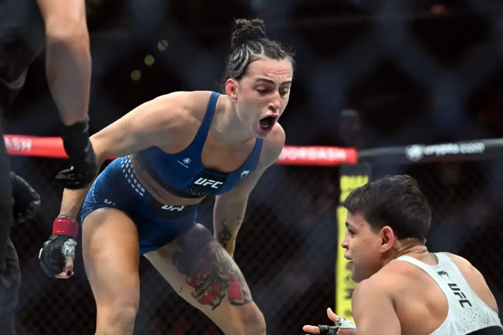 Casey OâNeill reacts after defeating Eduarda Moura at UFC 331...