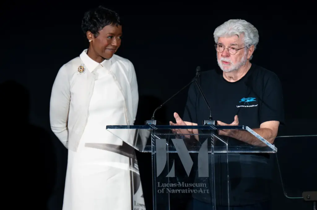 Mellody Hobson and George Lucas speak at the press preview...