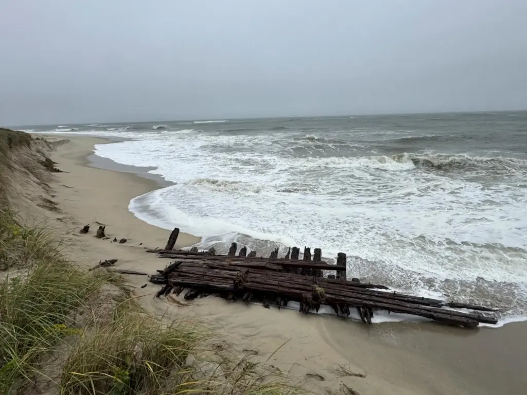 Shipwreck remains exposed by a powerful nor’easter are seen along...