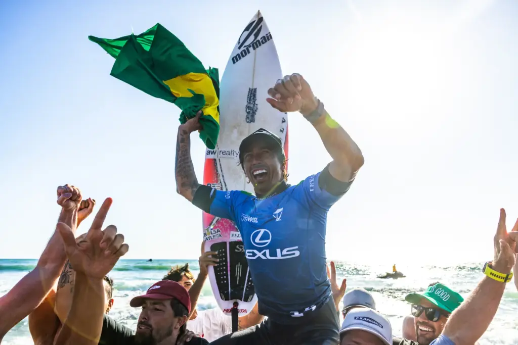 Miguel Pupo of Brazil after winning the Lexus Trestles Pro...