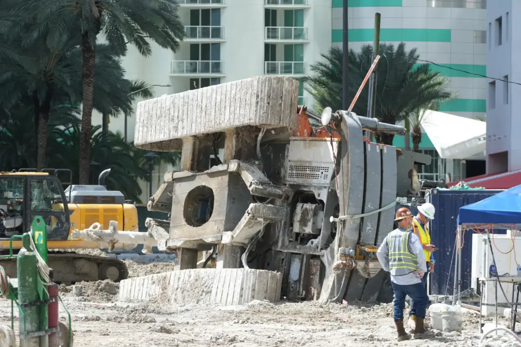 Workers stand near the site where a large construction crane...