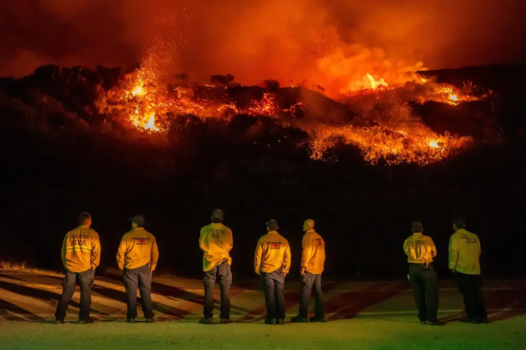 Firefighters watch as a wildfire called the Plaskett Fire burns.