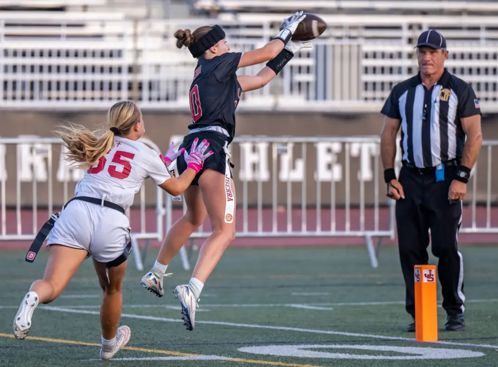JSerraâs Avery Olson (10) makes a conversion catch during a...