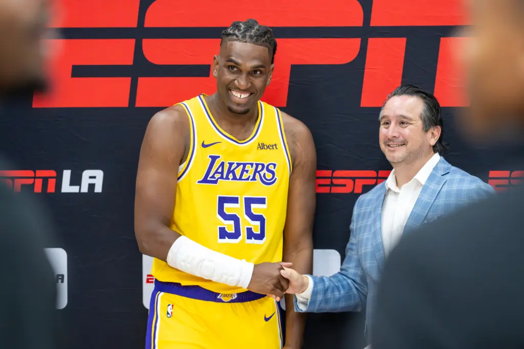 Lakers forward/center Kevon Looney does an interview during the team’s...