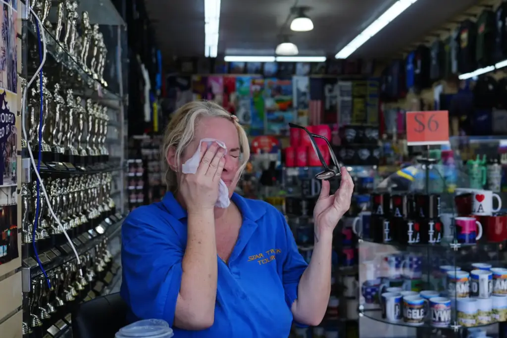 Tour operator Amanda Lovejoy wipes herself with a chilled towel.