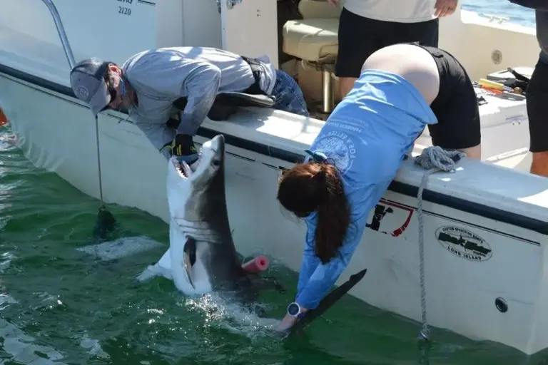 Members of the SOFO Shark research team tag a juvenile white shark.