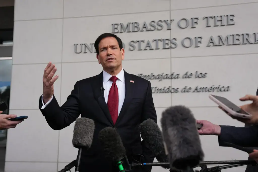 Secretary of State Marco Rubio speaks to the press outside the U.S. embassy in Quito, Ecuador.