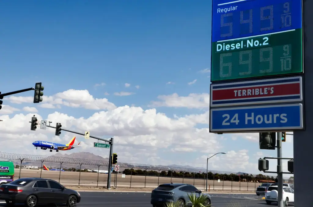 A Terrible’s gas station on Sunset Road displays its gas...