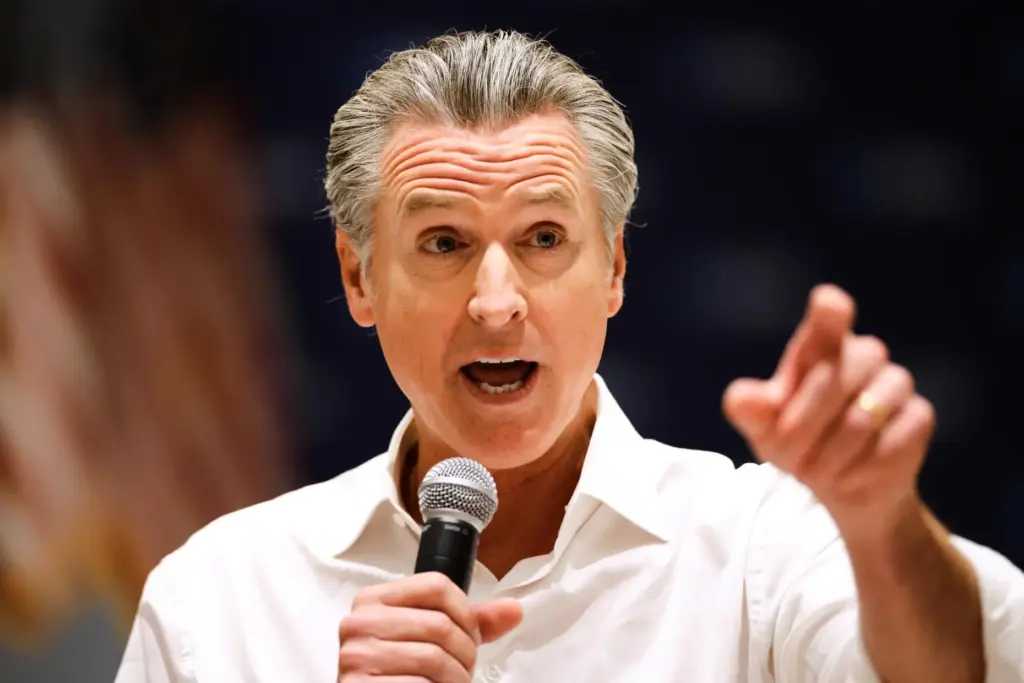 California Gov. Gavin Newsom speaks at a rally for democratic...