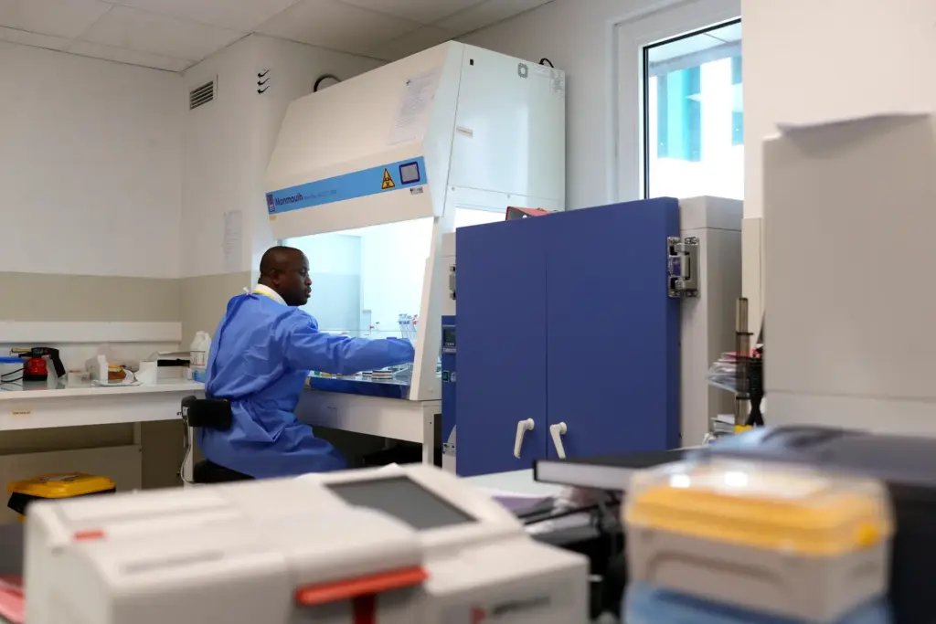 A specialist works inside a laboratory at a hospital in...