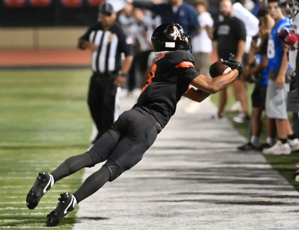 Huntington Beachâs Skylar Robinson (8) grabs for the ball but...