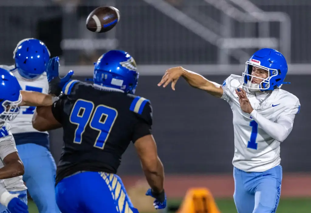 Norco quarterback Julian Medina (1) throws the ball during a...