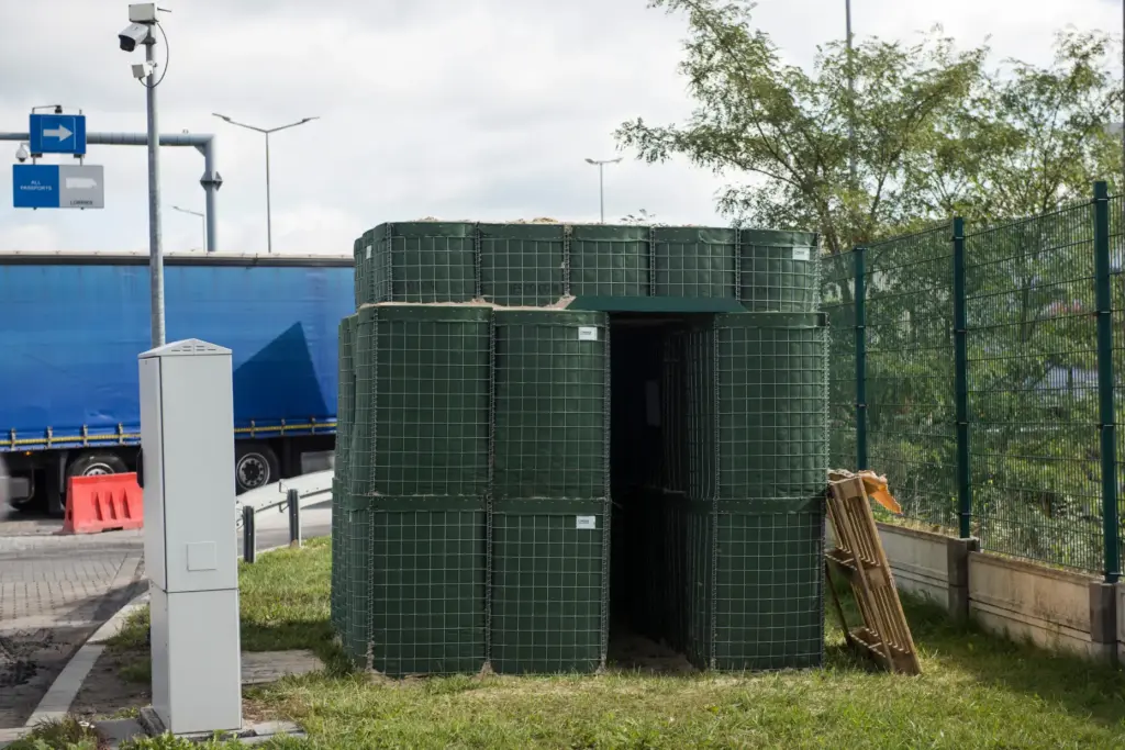 A bunker built of sandbags, which serves as shelter for...