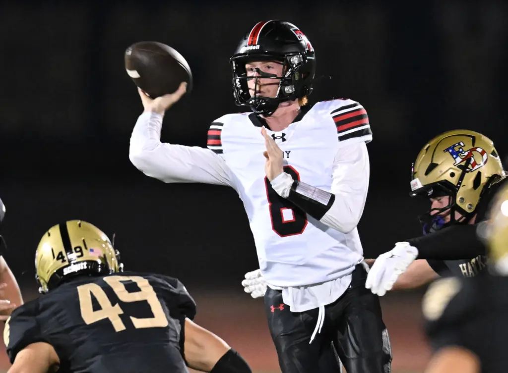 Quarterback Mason Mays #8 of Troy passes the ball in...