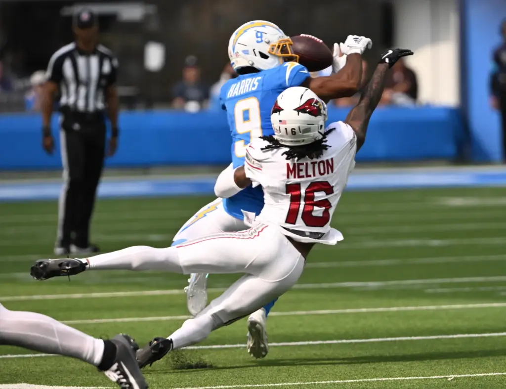 Arizona Cardinals cornerback Max Melton (16) knocks away a pass...