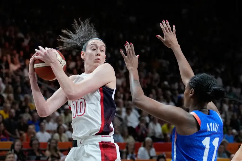 Team USA’s Breanna Stewart grabs a rebound in front of...