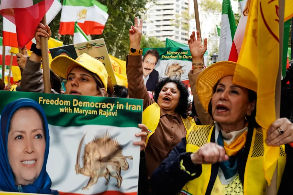 Demonstrators against the Iranian regime protest outside of the United Nations headquarters.