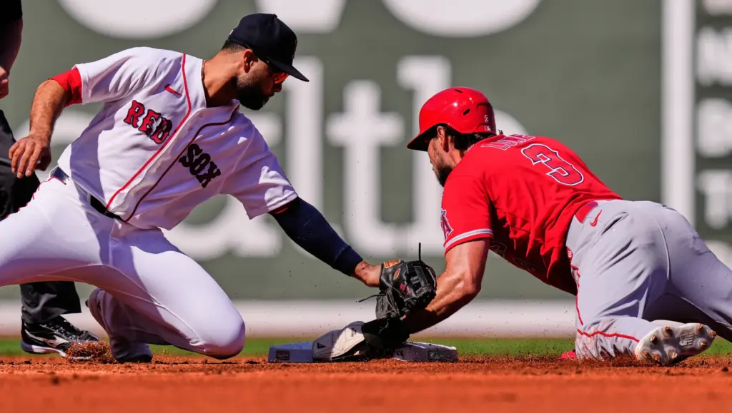 Los Angeles Angels’ Josh Lowe (3) safely steals second base...