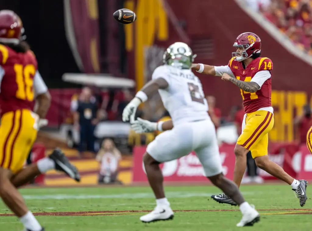 USC quarterback Jayden Maiava (14) throws the ball during a...