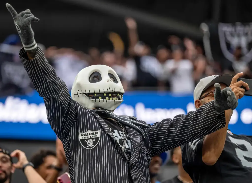 Jack Skellington cheers on the Las Vegas Raiders during a...