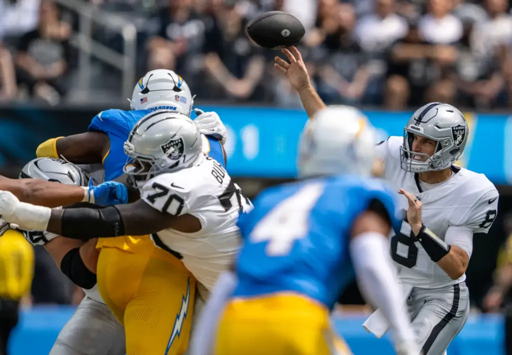 Las Vegas Raiders veteran quarterback Kirk Cousins (8) throws the...