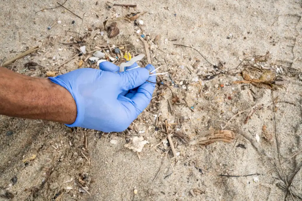 David Dubon finds plastic in the sand at Huntington State...