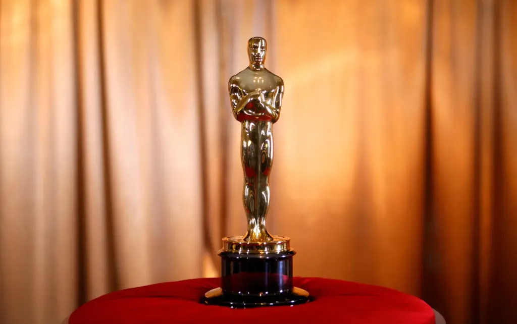 An Oscar statuette sits on display.