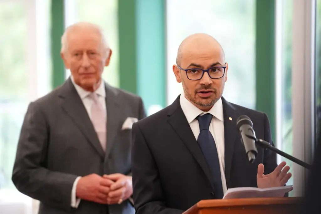 Sir Demis Hassabis gives a speech during a meeting hosted by Britain's King Charles III.