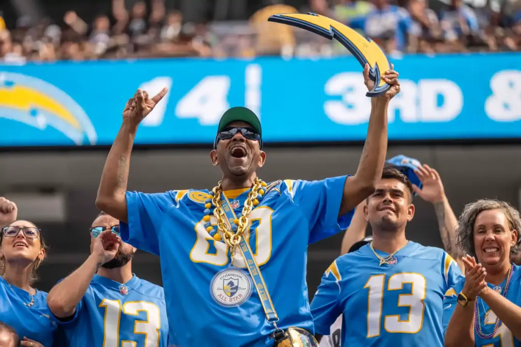 Fans cheer on the Chargers during a game against the...