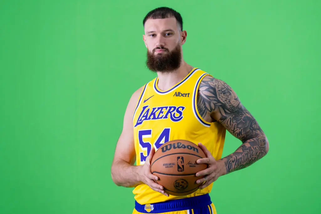 Lakers forward Sandro Mamukelashvili poses for photographs during the team’s...