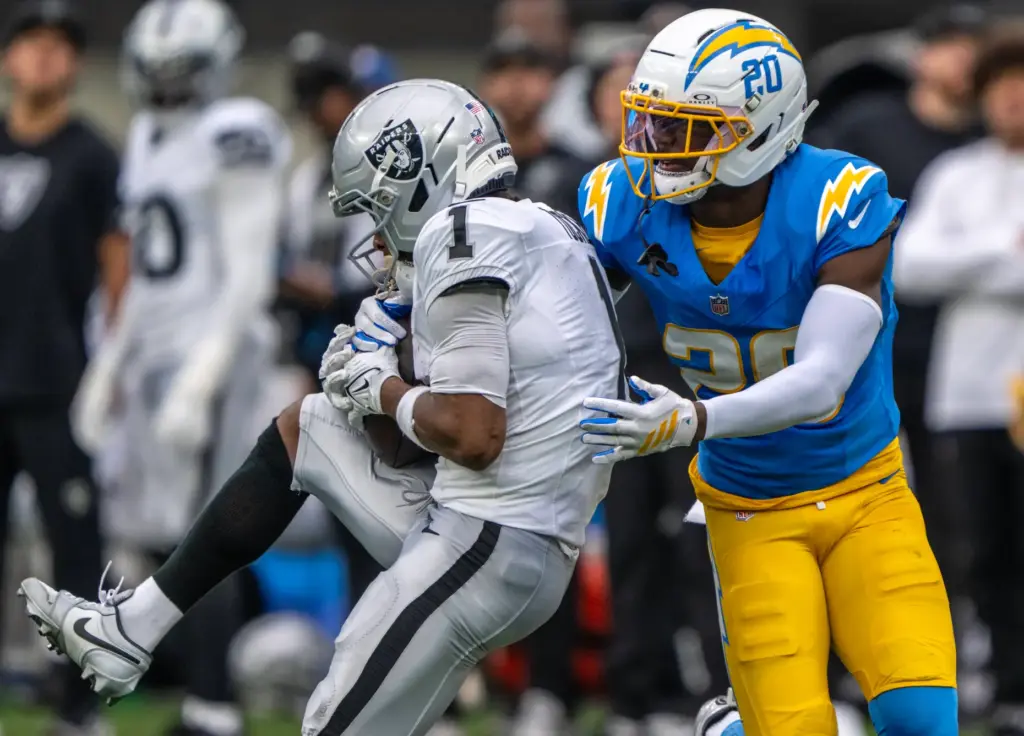 Las Vegas Raiders wide receiver Tre Tucker (1) makes a...