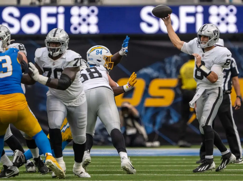 Las Vegas Raiders veteran quarterback Kirk Cousins (8) throws the...