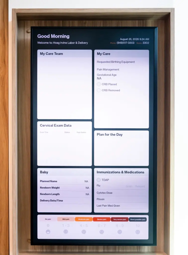 Patient information is displayed in a birthing suite at Hoag...