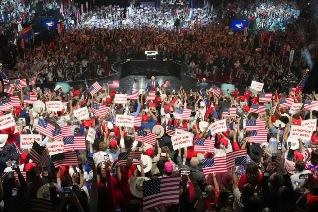 President Donald Trump greets the audience at the Republican convention.