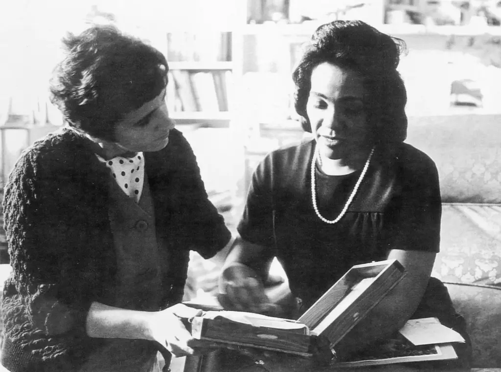 Coretta Scott King and AP reporter Kathryn Johnson review plans for The King Center.